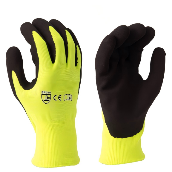 13G Polyester Fluorescent Yellow Hi Vis Sandy Nitrile Coated Oil Resistant Work Gloves