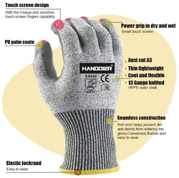 CE EN388 Level 5 Cut Resistant PU Dipped HPPE Touch Screen Safety Work Gloves 3